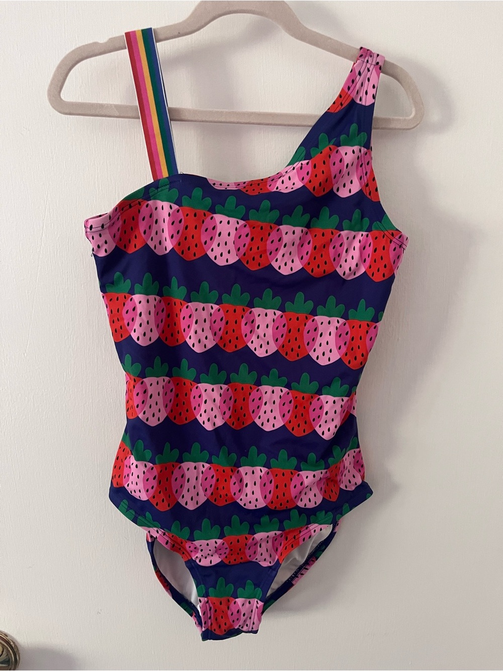 Hanna Andersson Rainbow Strawberry Stripe Asymmetrical One Piece Bathing Suit 12